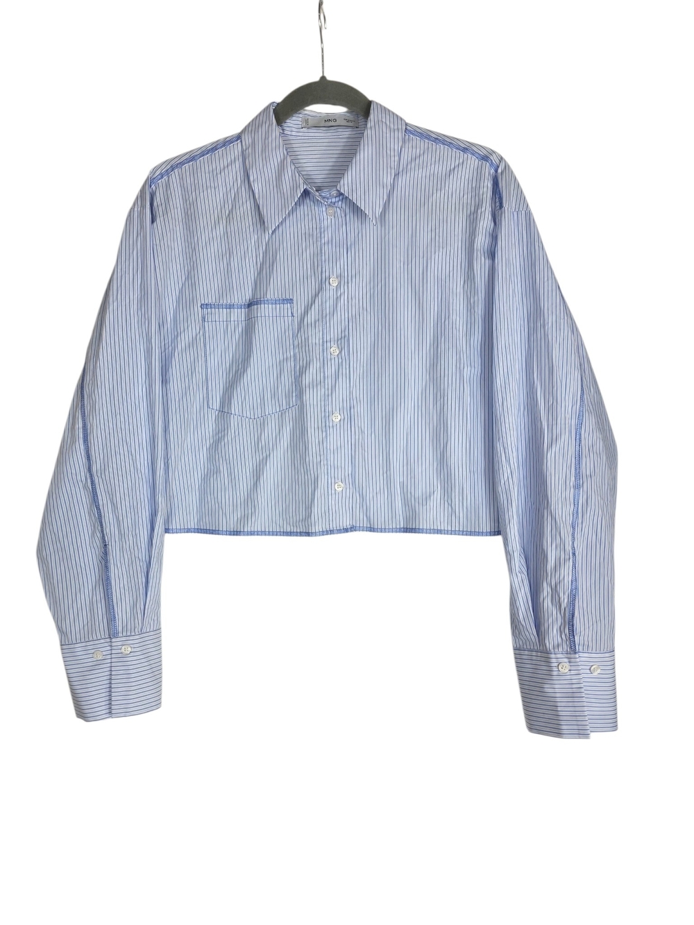 Mango Light Blue Pinstripe Cropped Button-Down Shirt